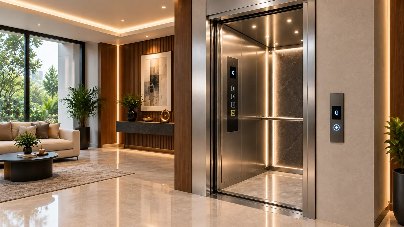 Stainless steel home lift with automatic doors open at the ground floor of a villa, the G-1-2-3 car panel and lit stone cabin wall visible, with the living room and entrance hall alongside