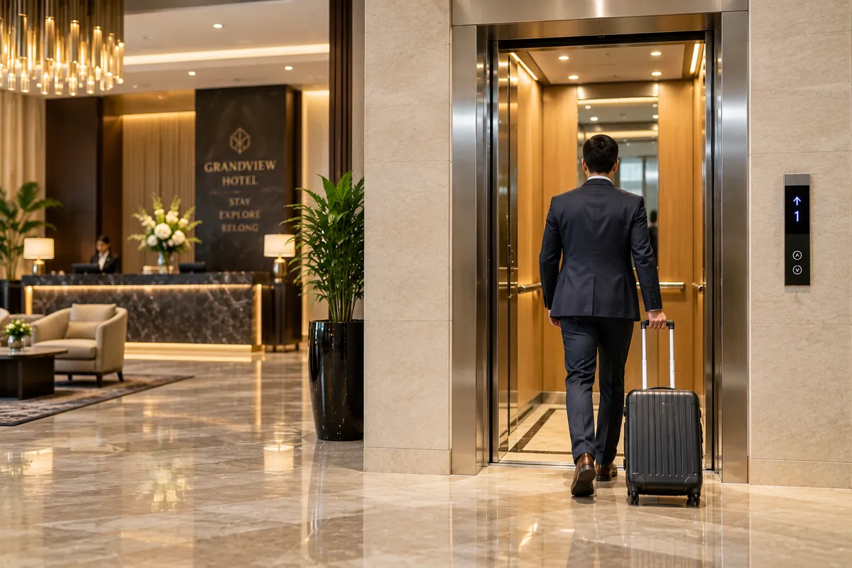 A guest wheels a suitcase into a hotel lift just off the marble lobby of a hotel, with the reception desk visible in the background