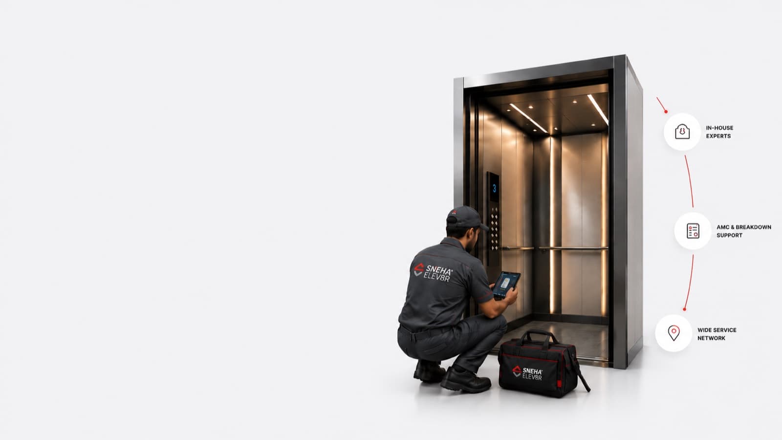 Sneha Elev8r service engineer inspecting a lift with a tablet